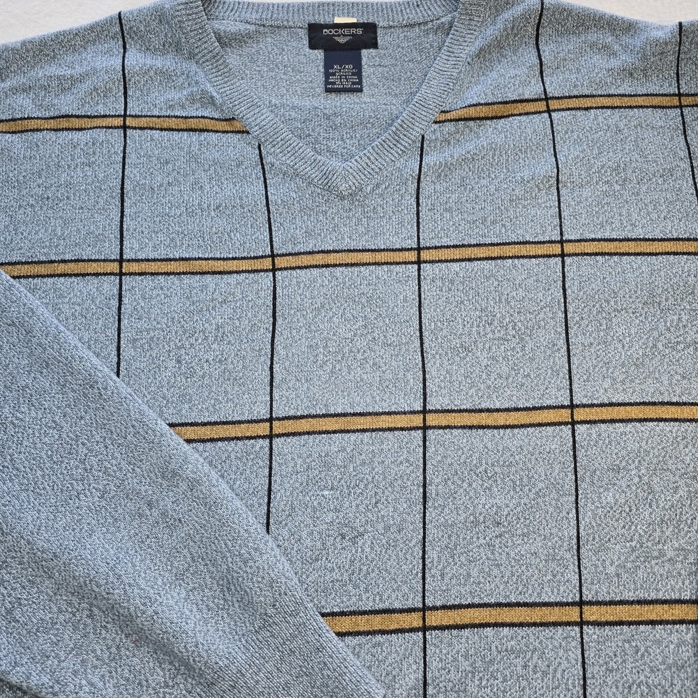 Dockers Men's XL V-Neck Sweater Light Blue Windowpane Plaid Golf Preppy EUC